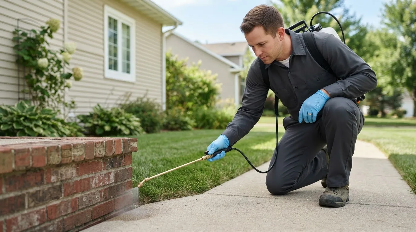 Pest control technician treating a home near Waupaca, WI